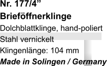 Nr. 177/4”  Brieföffnerklinge Dolchblattklinge, hand-poliert Stahl vernickelt Klingenlänge: 104 mm Made in Solingen / Germany